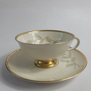 Furstenberg Tea Cup and Saucer Set Ivory with Gray Flowers Heavy Gold Accents